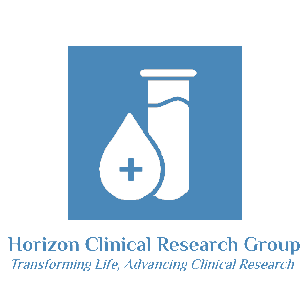 A blue and white logo of the hudson clinical research group.